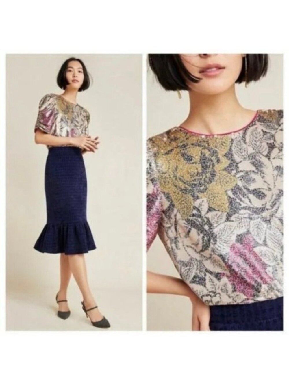 NWT Anthropologie 6 UK 10 Marie Floral Sequin Blouse Top Shirt Pink Gold Party